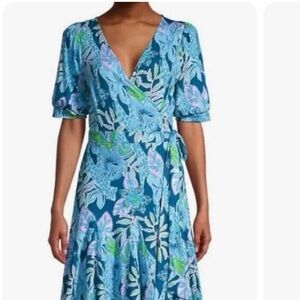 Blue A-line Puff Sleeve Wrap Dress